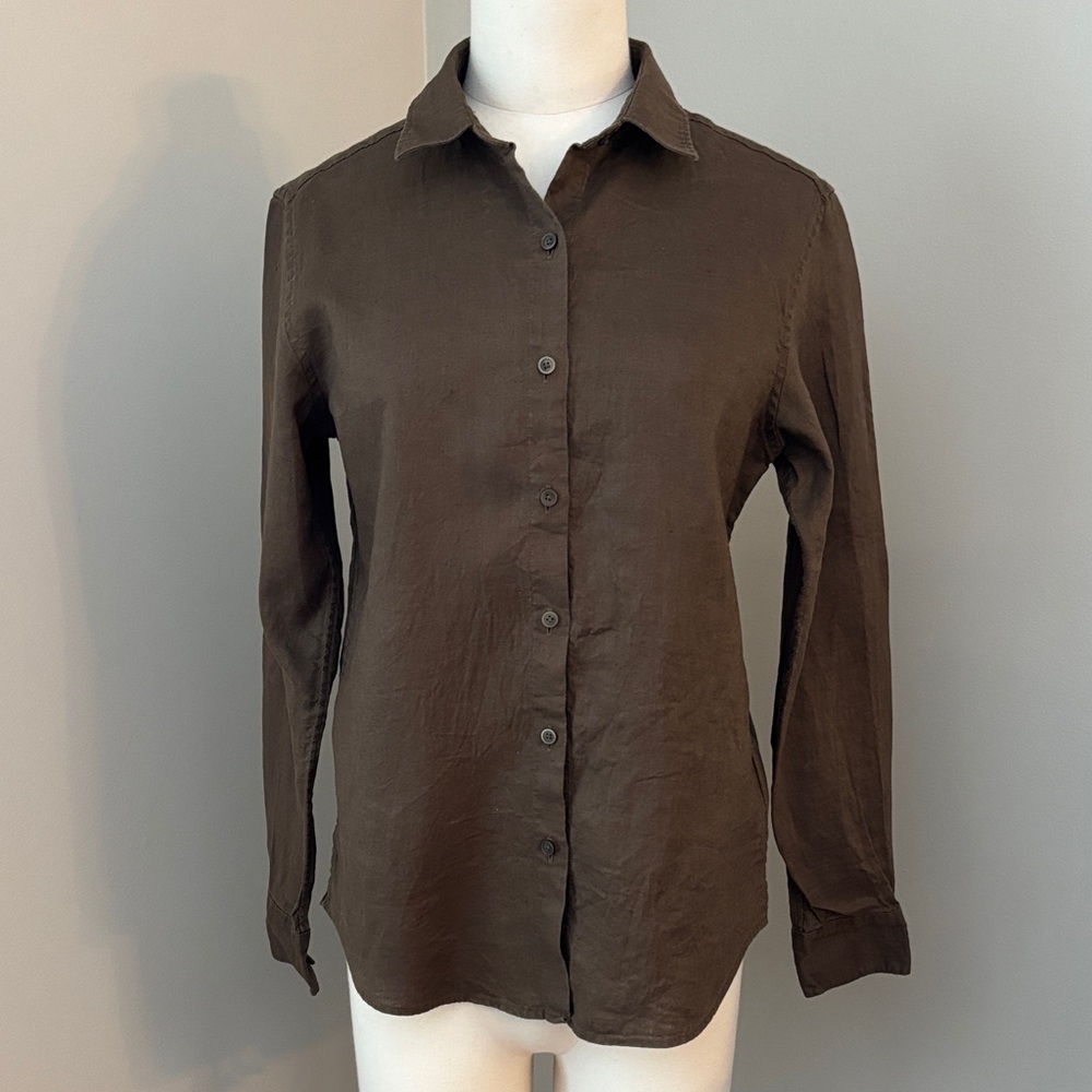 Uniqlo 100% Linen Brown Button-Up Shirt Sz XS